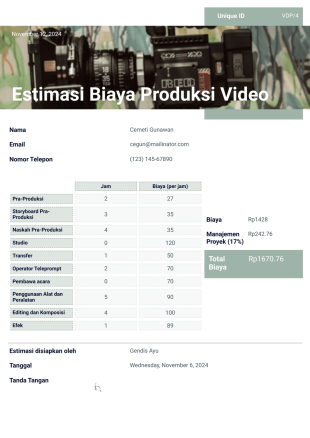 Estimasi Biaya Produksi Video Template PDF