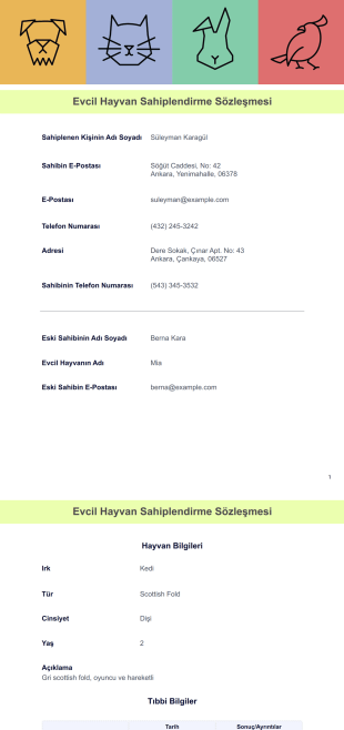 Evcil Hayvan Sahiplendirme Sözleşmesi Şablonu - PDF Şablonları