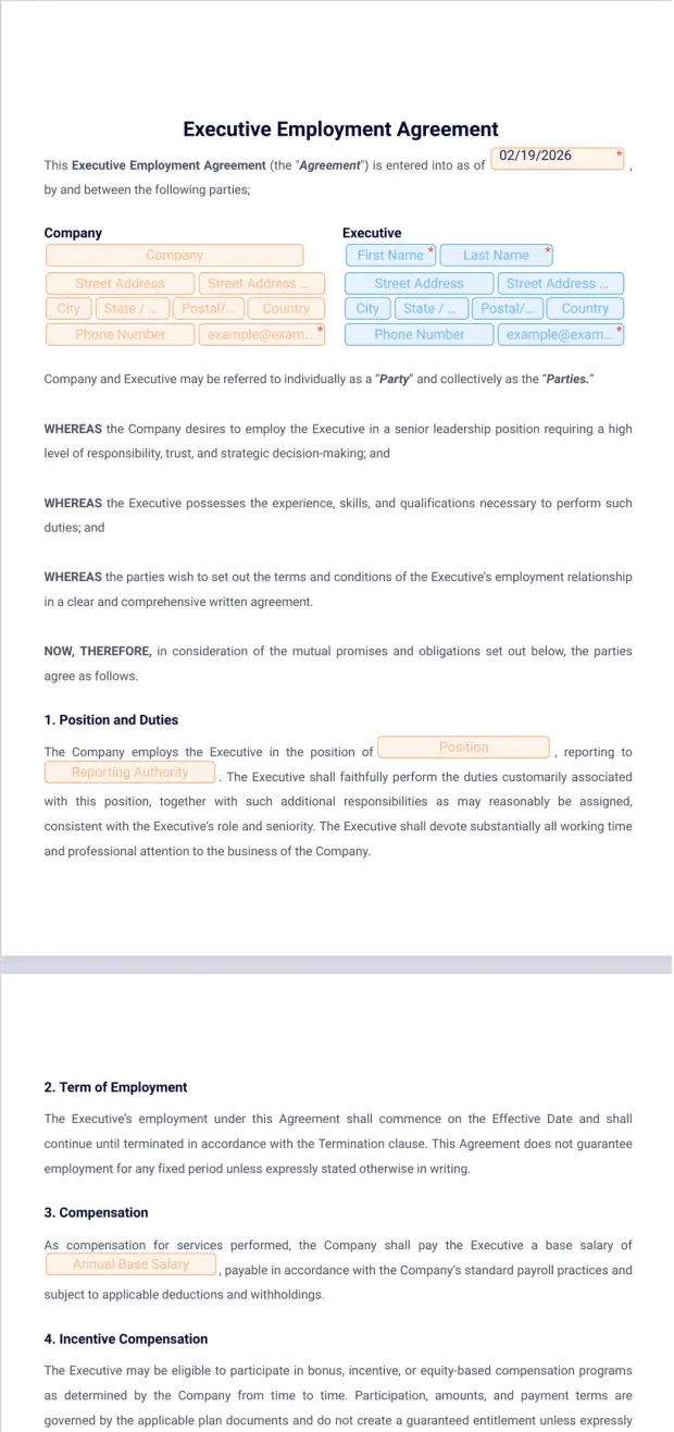 Executive Employment Agreement Template