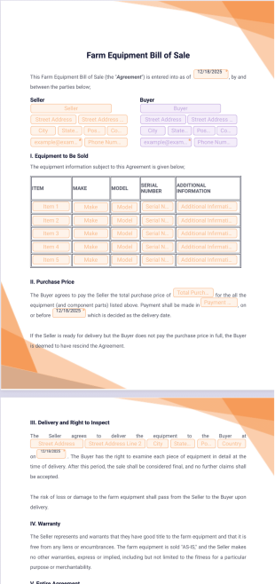 Farm Equipment Bill of Sale PDF Template