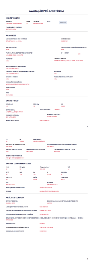 Ficha Avaliação Pré-Anestésica Modelo de PDF