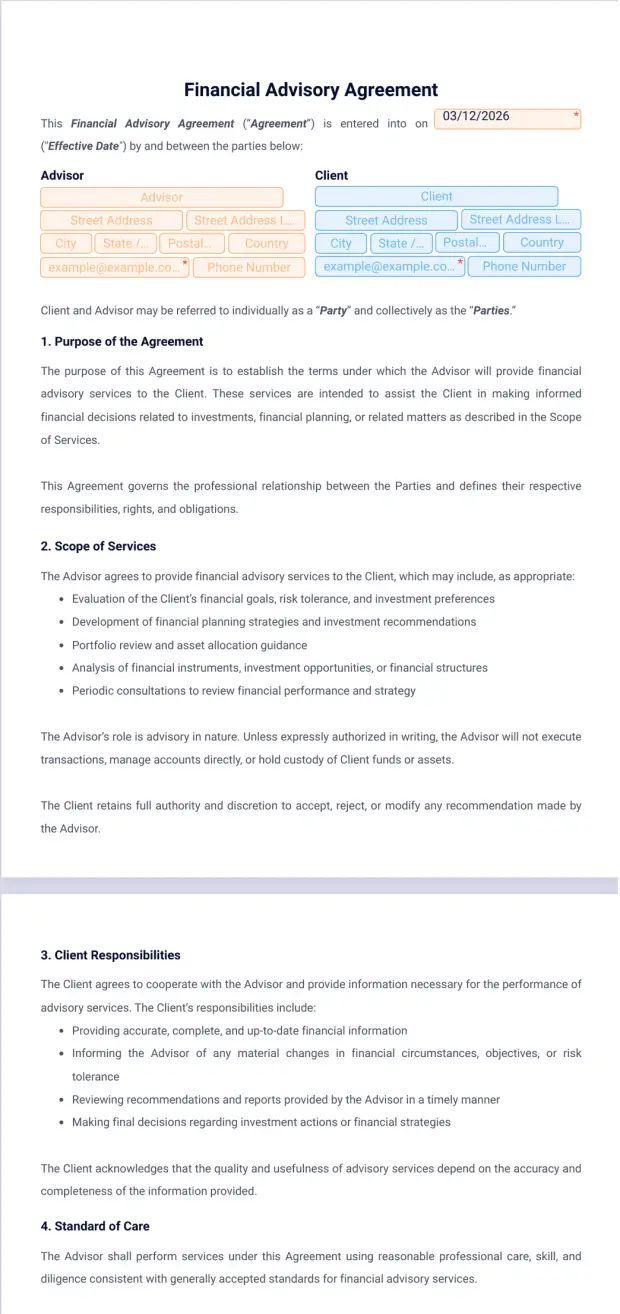 Financial Advisory Agreement Template