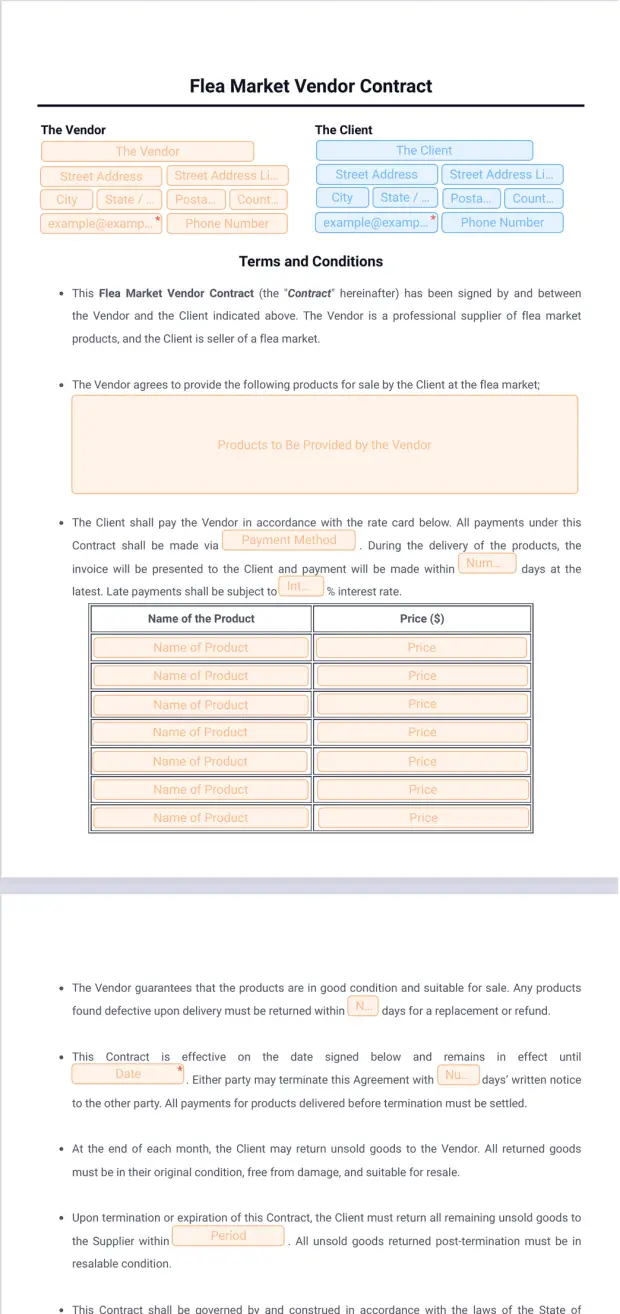 Flea Market Vendor Contract Template