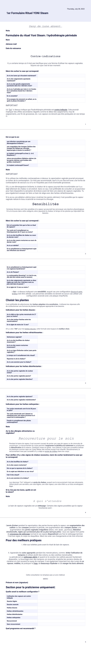 Formulaire d'admission par la facilitatrice en hydrothérapie périnéale Modèle PDF