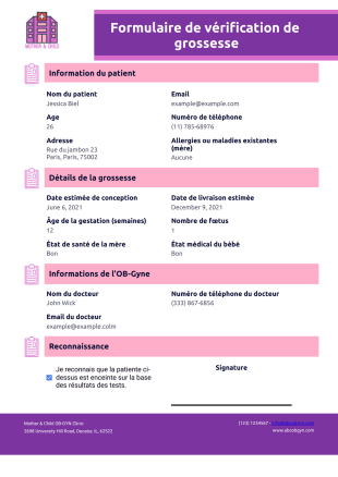 Formulaire de vérification de grossesse Modèle PDF
