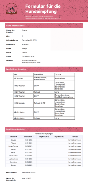 Formular für die Hundeompfung Vorlage - PDF-Vorlagen