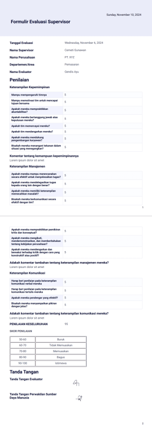 Formulir Evaluasi Supervisor Template PDF