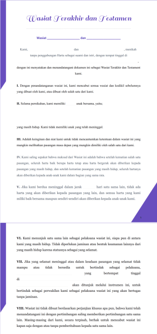 Formulir Wasiat untuk Pasangan Suami Istri Template PDF