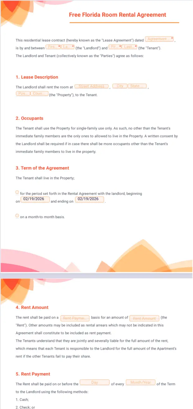 Free Florida Room Rental Agreement Template