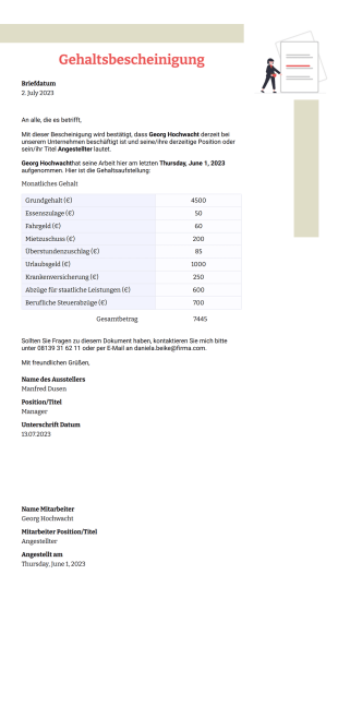 Gehaltsbescheinigung PDF-Vorlage