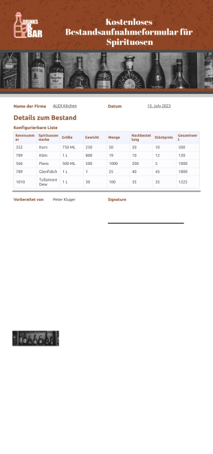 Getränkebestand PDF-Vorlage