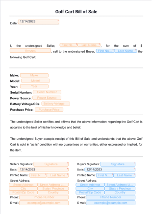 Golf Cart Bill of Sale PDF Template