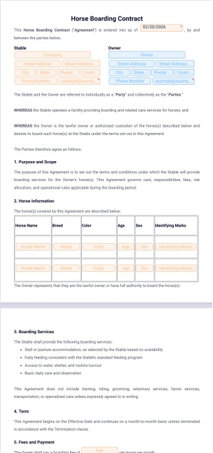 Horse Boarding Contract Template - PDF Templates