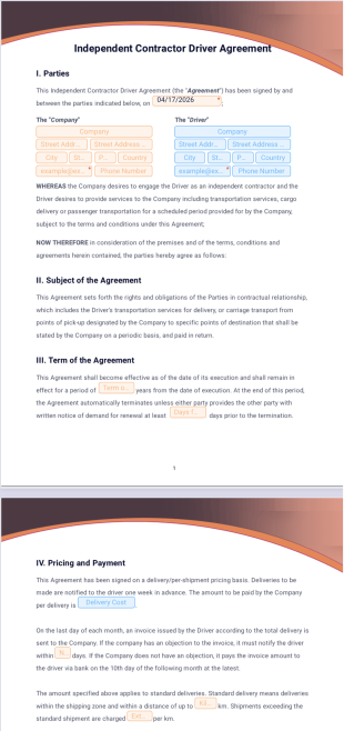 Independent Contractor Driver Agreement PDF Template