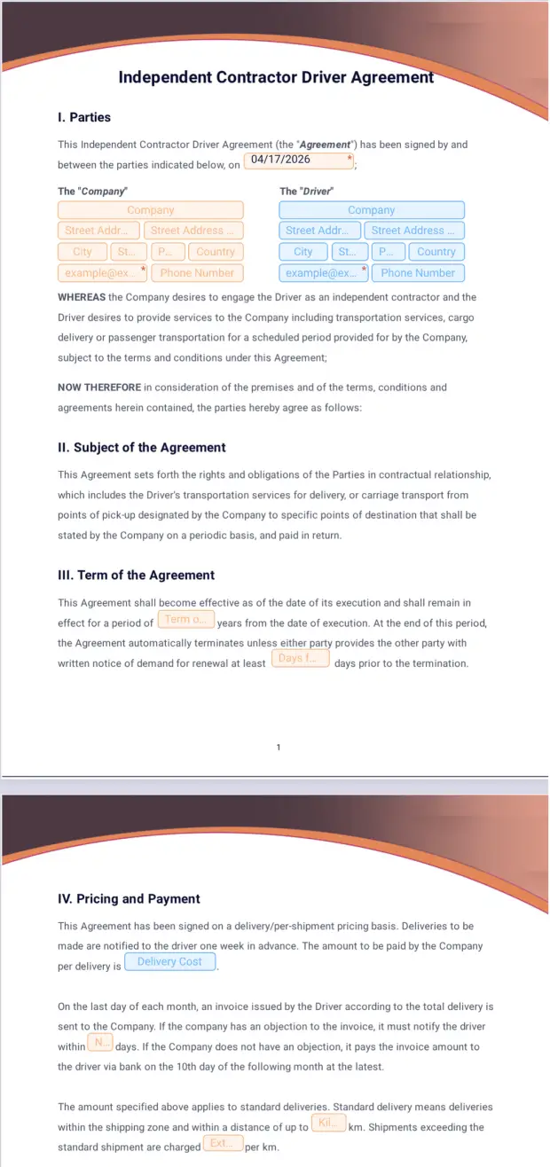 Independent Contractor Driver Agreement