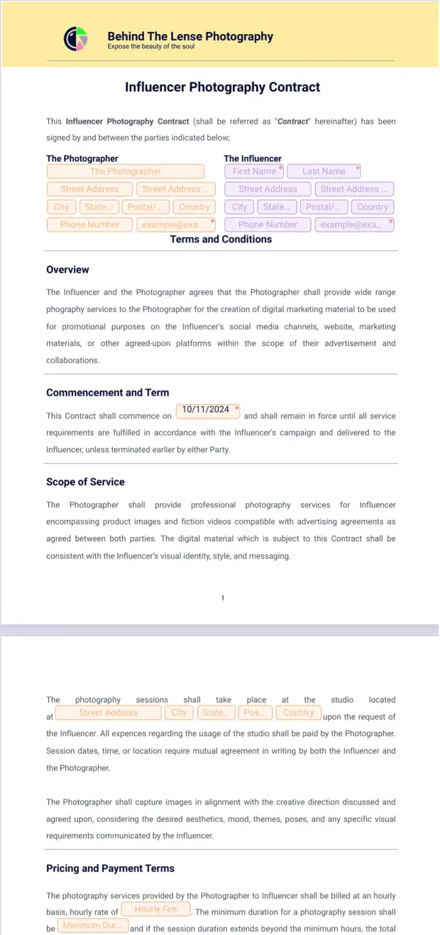Influencer Photography Contract Template