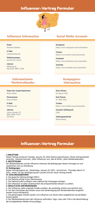 Influencer Vertrag Vorlage - PDF-Vorlagen