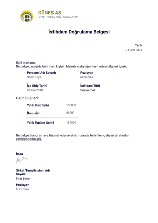 İstihdam Doğrulama Belgesi PDF Şablonu