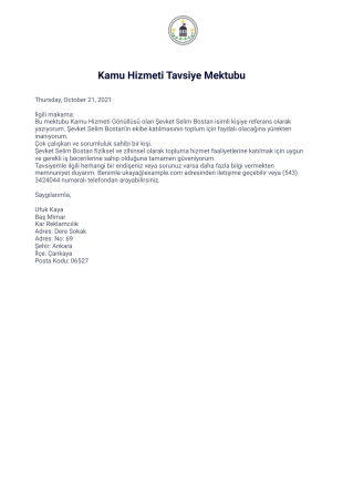 Kamu Hizmeti Tavsiye Mektubu PDF Şablonu