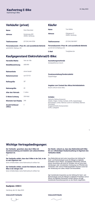 Kaufvertrag E Bike PDF-Vorlage
