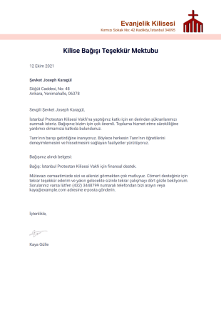 Kilise Bağışı Teşekkür Mektubu PDF Şablonu