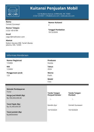 Kuitansi Penjualan Mobil Template PDF