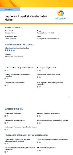 Laporan Inspeksi Keselamatan Harian Template PDF