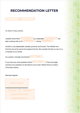 Letter of Recommendation for Babysitter PDF Template