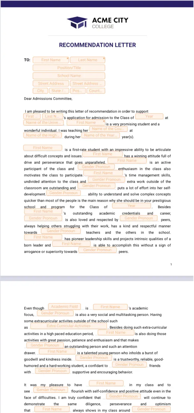 Letter of Recommendation for College
