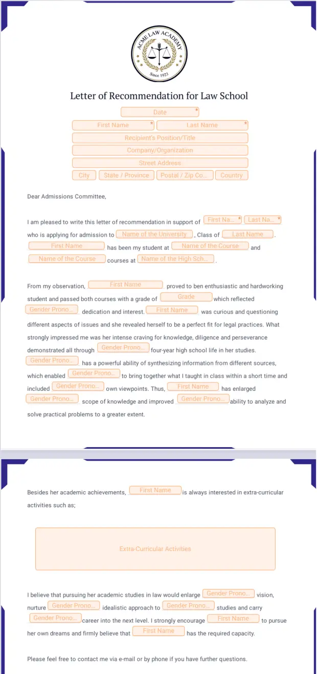 Letter of Recommendation for Law School