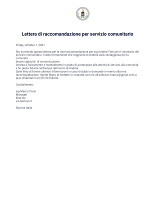 Lettera di raccomandazione per servizio comunitario Template PDF