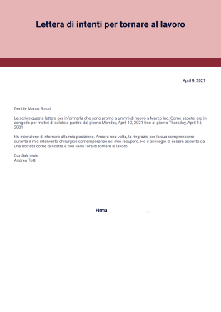 Lettera di rientro al lavoro Template PDF