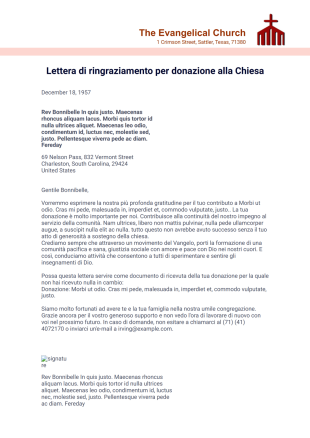 Lettera di ringraziamento per donazione alla Chiesa Template PDF