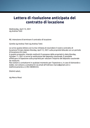 Lettera di risoluzione anticipata del contratto di locazione Template PDF