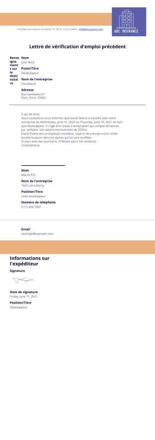 Lettre de vérification d'emploi précédent Modèle PDF