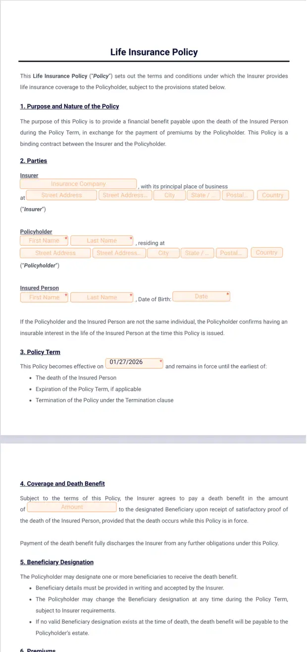 Life Insurance Policy Template