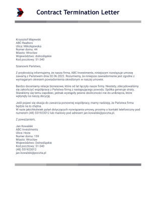 List o Rozwiązaniu Umowy Szablon PDF