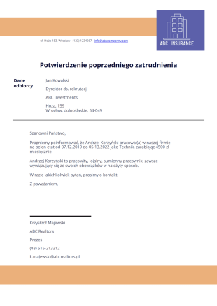 List Potwierdzający Poprzednie Zatrudnienie Szablon PDF