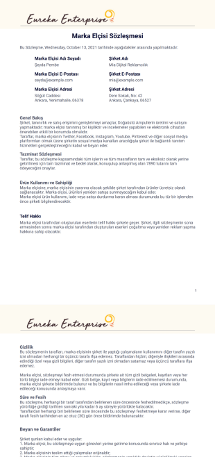 Marka Elçisi Sözleşme Şablonu - PDF Şablonları
