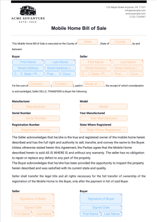 Mobile Home Bill of Sale PDF Template