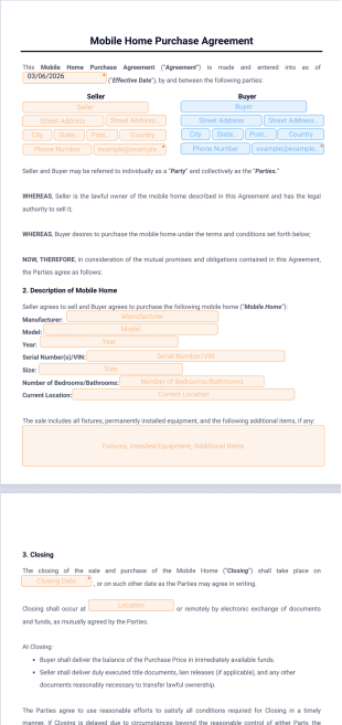 Mobile Home Purchase Agreement Template - PDF Templates