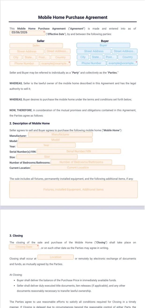Mobile Home Purchase Agreement Template