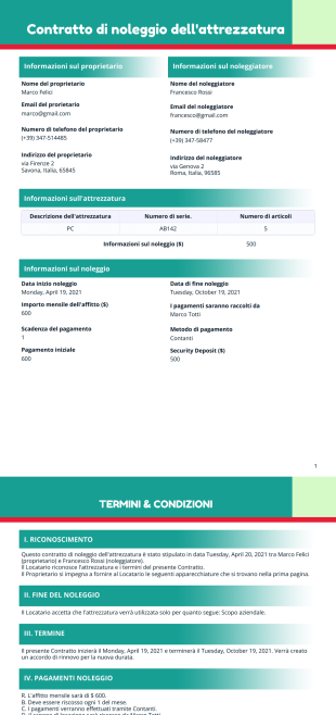 Modello di contratto di noleggio dell'attrezzatura - Modelli di PDF