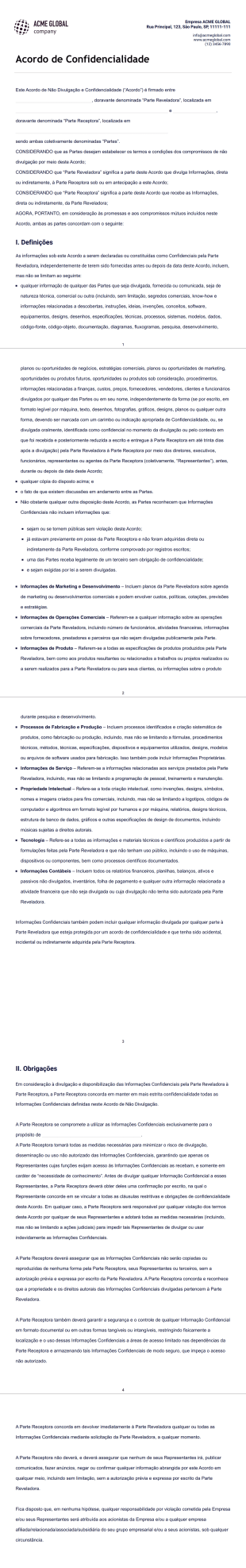 Modelo de Acordo de Confidencialidade - Modelos para PDFs