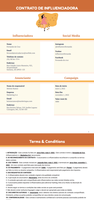 Modelo de contrato de influenciadora - Modelos para PDFs