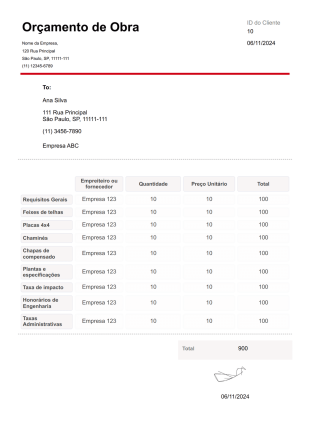 Modelo de Orçamento de Obra - Modelos para PDFs