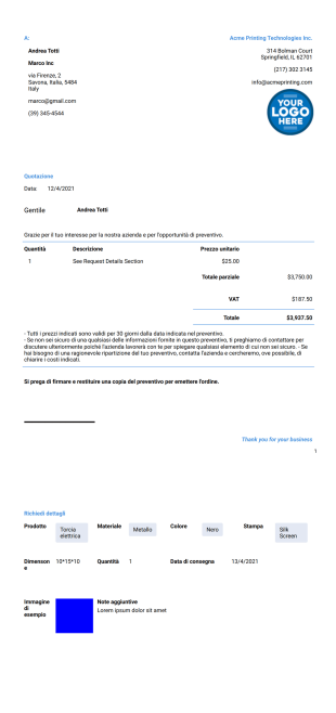 Modulo di preventivo per stampa Template PDF