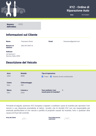 Modulo per riparazione auto Template PDF