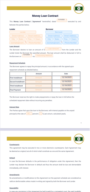 Money Loan Contract PDF Template