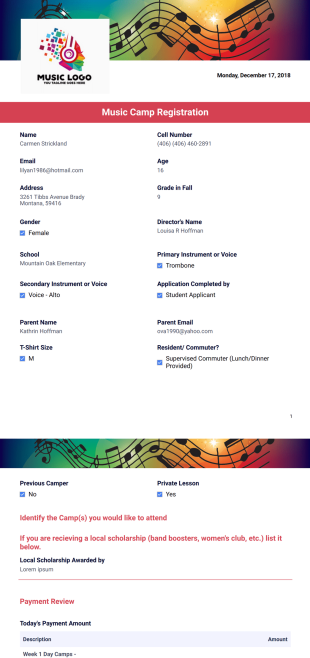 Music Camp Registration PDF Template